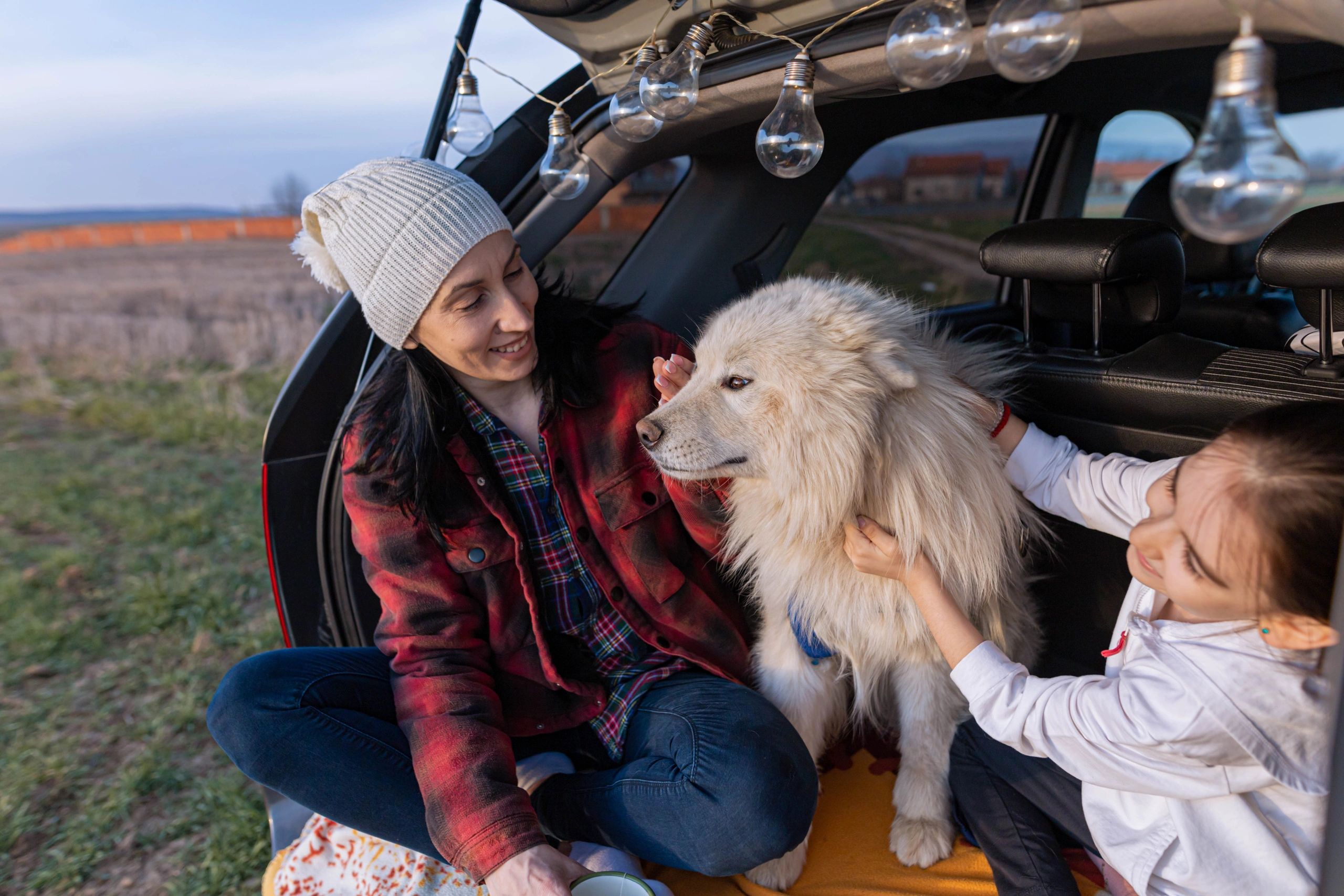 Family petting a dog while enjoying car camping