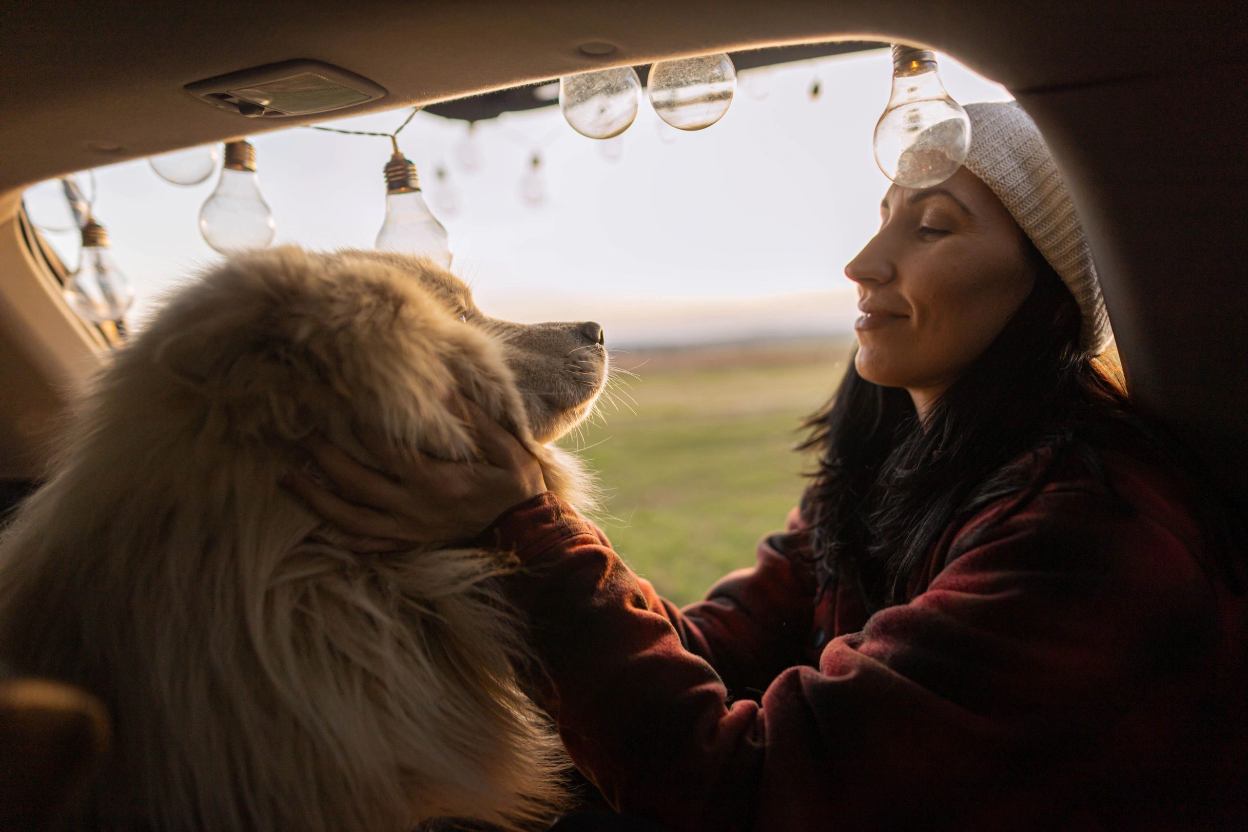 Traveler relaxing with a dog at the open trunk during sunset
