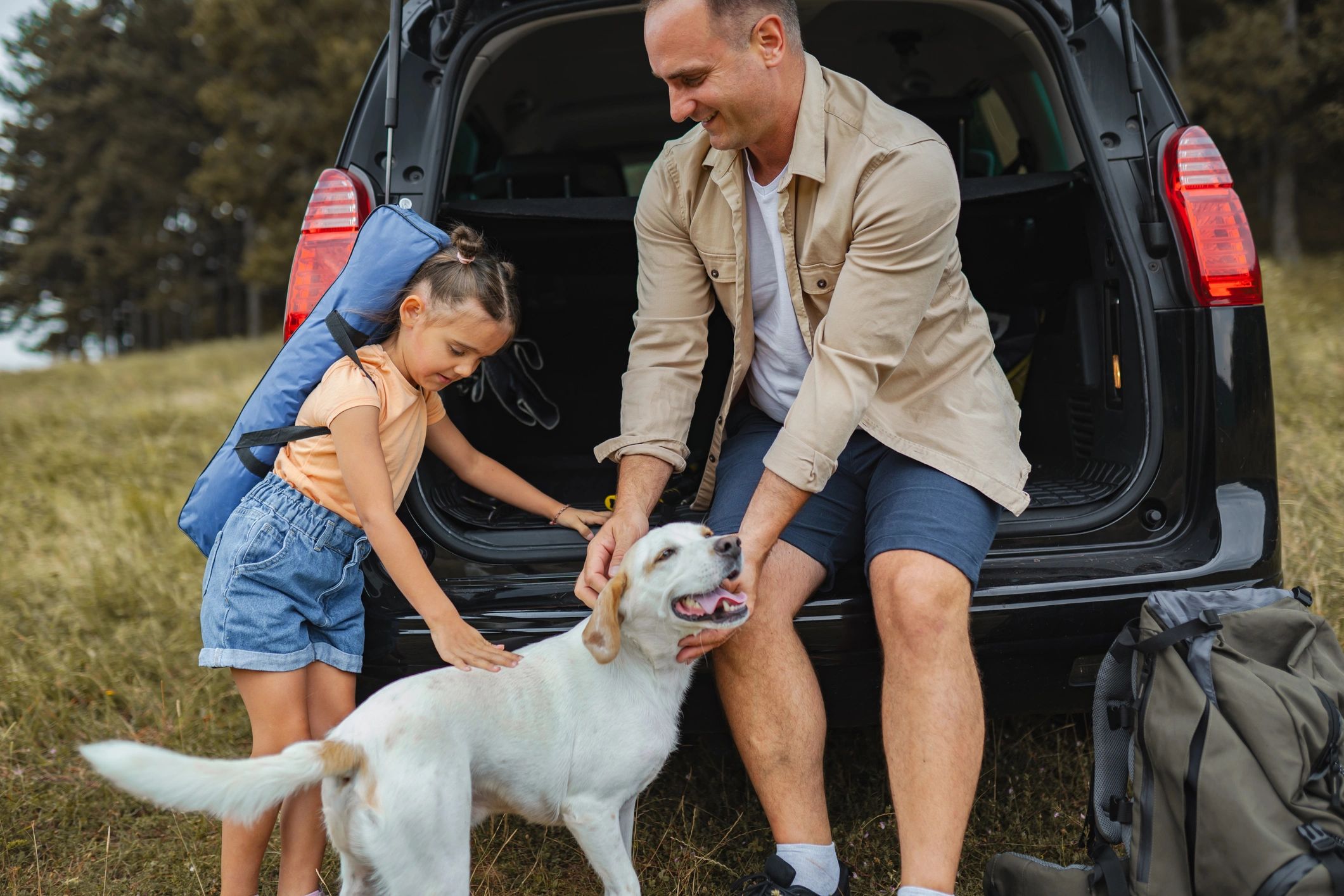Family packing up with their dog at a mountain overlook