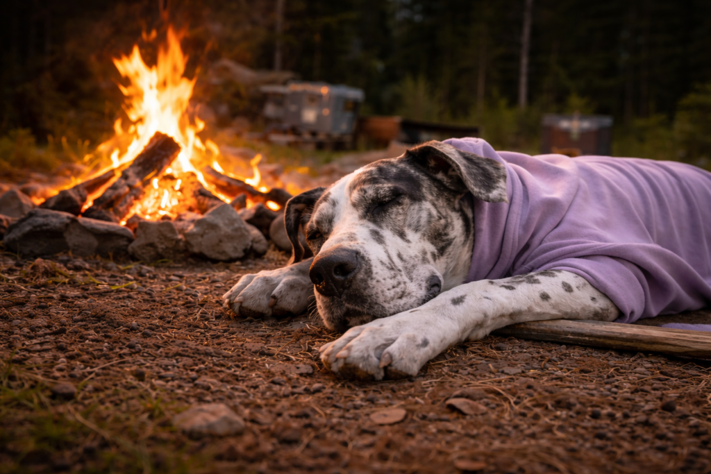 Image of a Great Dane taking a nap by a campfire - AI Generated.